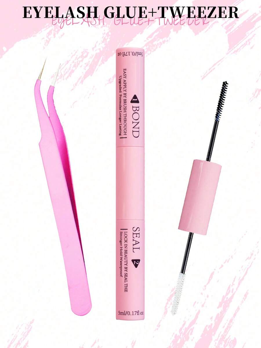 Kit de extensión de pestañas que incluye adhesivo sellador y pinzas para pestañas falsas. Pegamento para pestañas fuerte, suave y no irritante con pinzas precisas y fáciles de usar para un uso sencillo. Juego de valor esencial para pestañas - Rosa - Ver 1