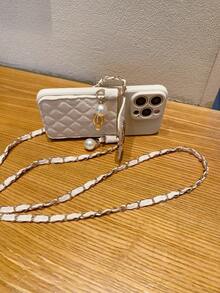 1 Stück Silber Perlen & Platin Schlüsselband Kartenhalter + 1 Stück beige gerade Kante Engelsauge Perforation stoßfeste tragbare Handyhülle, kompatibel mit Apple/Redmi/OPPO/VIVO/Realme, internationale Version, nicht die Inlandsversion - Beige - Übersicht 7