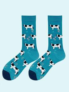 1 Pair Unisex Milk Cow Pattern Mid-Calf Socks, Fashionable, Breathable, Versatile For All Seasons - Multicolor - View 2