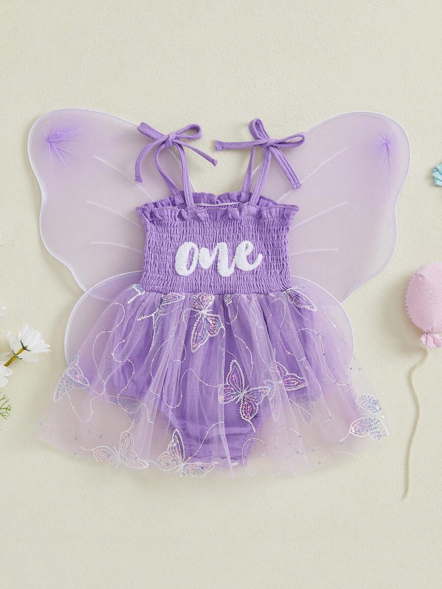 Fairy 1st Birthday Girl Outfit Tie-Up Tull Romper Dress With Butterfly Wings Cake Smash Photo Shoot Clothes - Màu tím - Xem 1