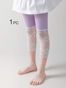 Conjunto de 4/3/2/1 Peças Leggings Capri com Renda para Meninas, Cor Sólida/Contraste, Leve, Meia-Calça Casual 3/4, Fofo & Moderno, Estilo Princesa, Adequado para Uso Diário, Meia-Calça Macia & Confortável, Adequado para Estudantes Combinarem com Tops, Saias, Temporada de Volta às Aulas - Multicolorido - Visão 4