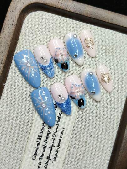 Handmade Press-On Nails, Hand-Painted Graffiti, Polka Dots, 3D Floral Carving, Fashion High-End, Reusable For Women