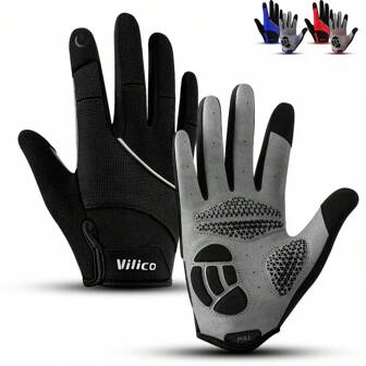 Vilico1双红、黑、蓝户外运动款男女手套，加厚减震防滑掌垫触屏手套，适用于健身、跑步、举重、排球、篮球、羽毛球、滑雪、登山、攀岩、舞蹈、户外露营、钓鱼、电动自行车手套