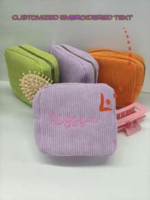1pc Custom Embroidered Corduroy Makeup Bag, Embroidered Small Square Pouch, Sanitary Pad Storage Bag, Travel Cosmetic Bag, Personalized Storage Pouch, Gift For Her, Valentine's Day Gift, Mother's Day Gift, Christmas Gift, Birthday Gift For Friends And Family - Multicolor - View 2