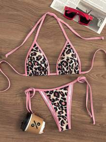 Women's Halter Neck Backless Leopard Print Patchwork Bikini Top And Bottom Casual Suit Summer