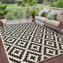 Tapis d'extérieur imperméable 9x12 pi, tapis de patio réversible en paille plastique pour le camping, le camping-car, l'intérieur et l'extérieur, le porche, le pont, l'arrière-cour, le camping-car, le balcon, le pique-nique, noir et beige
