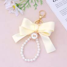 1pc Faux Pearl Beaded Bracelet, Keychain, Phone Lanyard, Cute Bowknot Keyring, Wallet Charm, Earphone Case Accessories, Women Daily Use, Gift