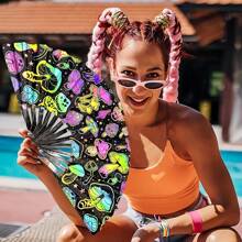 1 peça de leque de mão dobrável de bambu grande, leque de mão dobrável Rave Fan Clack com tecido de nylon, adequado para festivais, dança, apresentações, festas, presentes, decorações (luz neon)