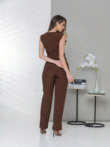Plain Elegant Vest And Dress Pants Set C3302 - 巧克力棕 - 查看 4