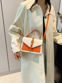 Faux Leather Belt Decor Flap Handbag Shoulder Bag - Orange - View 2