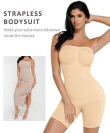 FeelinGirl Strapless Bodysuit For Women Tummy Control Shapewear Body Shaper With Removable Straps - Beige - View 2