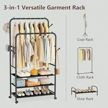 Furologee Double Rods Clothing Garment Rack With Wheels And 3Tier Storage Shelf Clothes Rack For Hanging Clothes With 4 Hooks Portable Closet Wardrobe Organizer For Bedroom Living Room Black - Black - View 2