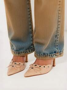 Heeled Mules For Women Pointed Toe Suede Stiletto High Heels Fashion Bow Tie Slip On Pumps Woman