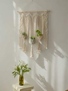 Macrame Plant Hanger Macrame Wall Hanging Woven Tapestry Window Curtain Valance Boho Bedroom Decor Wedding Backdrop Rope Triple Planter - White - View 9