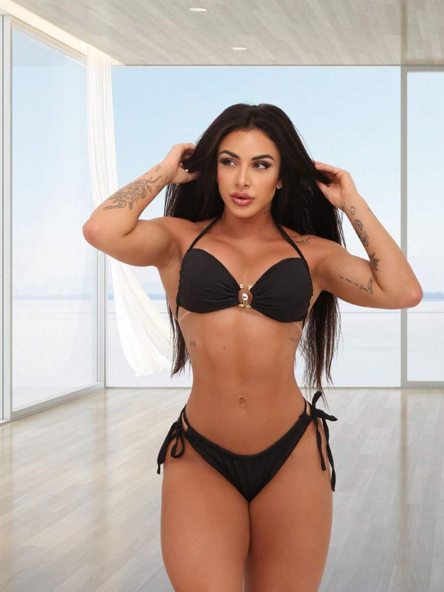 2-Piece Bikini Set With Padded Bra And Tie-Dye Panties - Negro - Ver 1