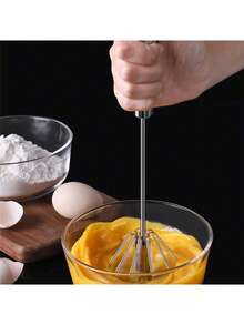 1pc Portable Stainless Steel Rotary Egg Beater, Semi-Automatic 28CM Egg Mixer, Press-Type Manual Whisk, Kitchen Gadget & Camping Cookware - Multicolor - View 2