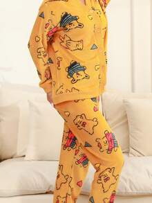 Ropa Para Dormir Mujer Franela Conjunto De Camisón Cárdigan Dama Suave y Cómodo Blusas Y Pantalones - Amarillo - Ver 9