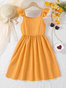 Tween Girl Casual Solid Color Ruffle & Decor Trim Square Neckline Dress For Summer - Yellow - View 7