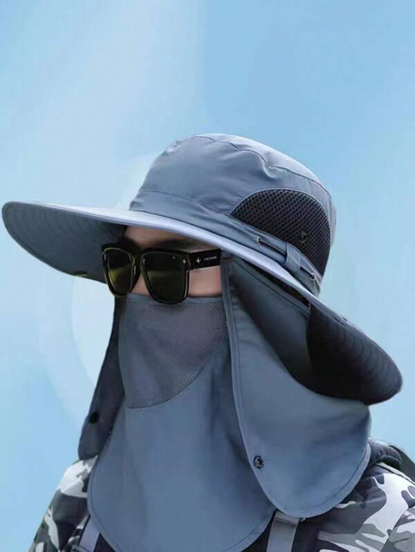 1 pieza Sombrero de sol para hombre de moda y simple, con máscara facial desmontable, ala ancha, sombrero para pesca, esencial para exteriores en verano