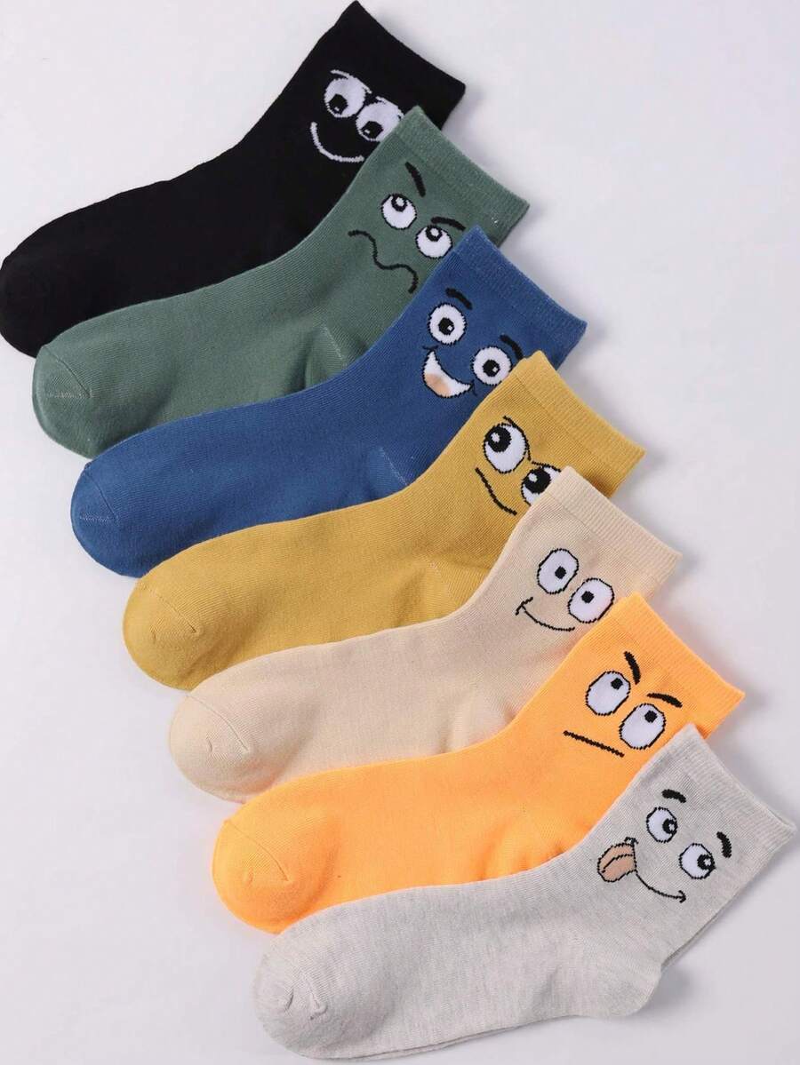7 Pairs Unisex Socks, Funny Expression & Geometric Pattern Design, Fashionable And Suitable For All Seasons, Couple Socks - Multicolor - View 1