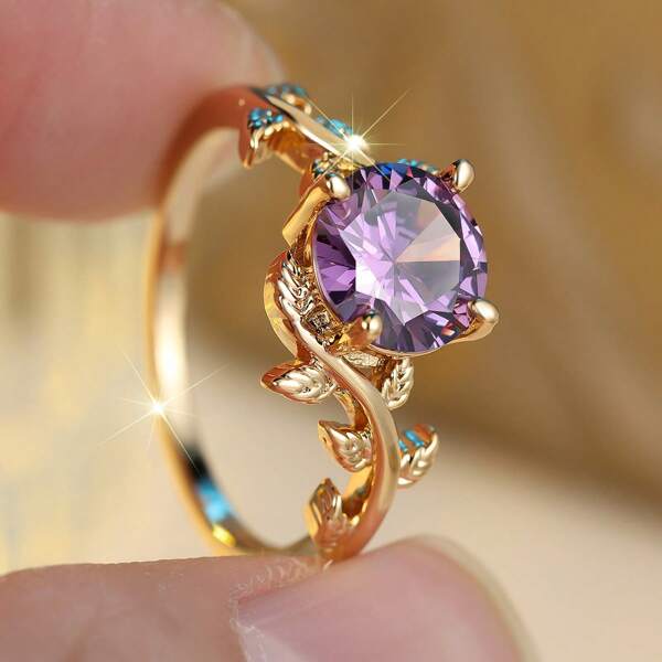 1 Peça Anel de Liga de Cobre Banhada a Ouro com Desenho Floral Retrô Roxo de Cubic Zircônia, Adequado para Dia das Mães, Festivais, Uso Diário, Todas as Estações