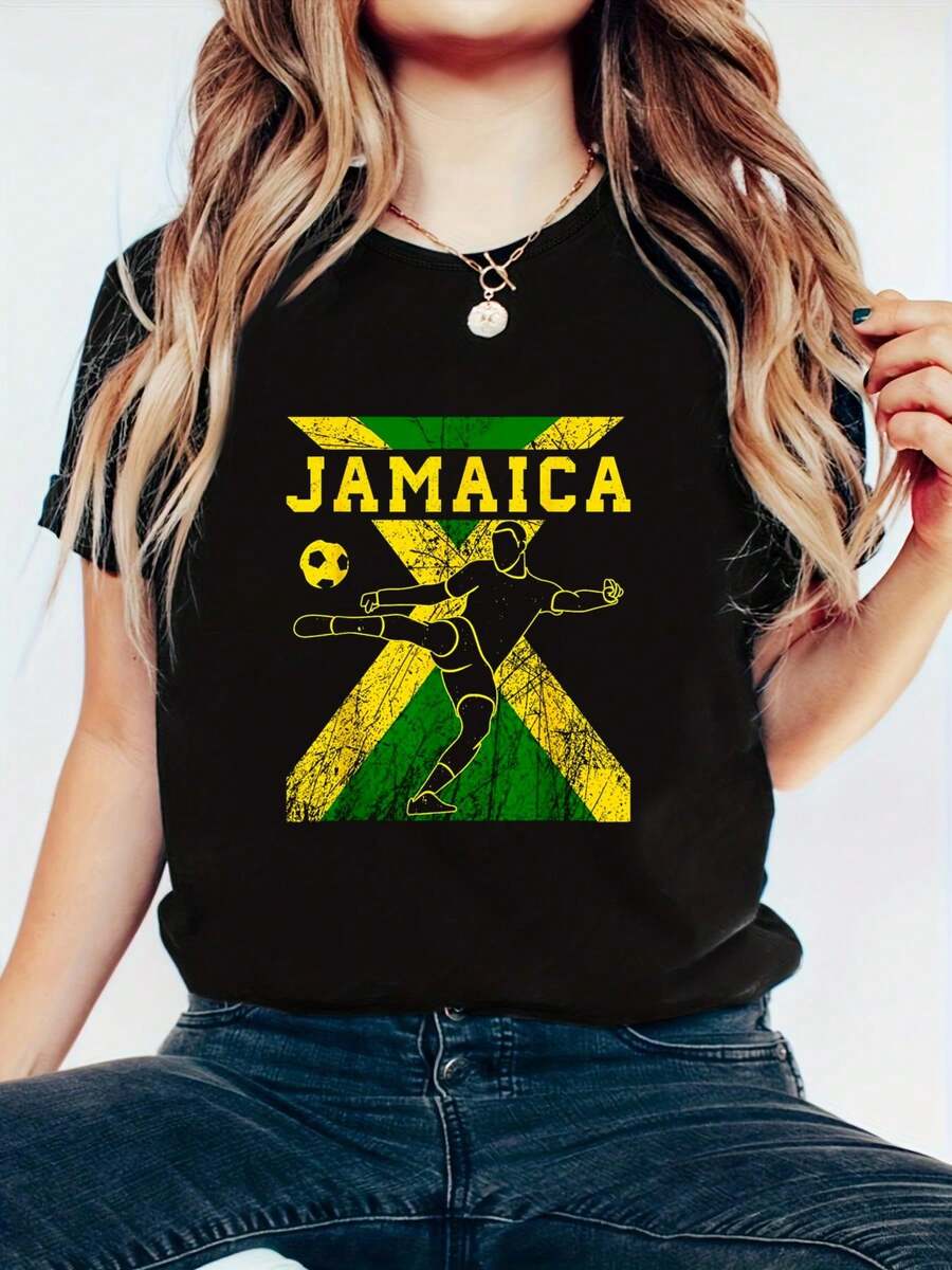 Jamaica Football Jersey Jamaican National Football Team Mens T-Shirt - Soft 100% Cotton Summer Tops Shirts, Vacation Outfits Women, Going Out Tops Women For Spring & Summer, Graphic Tees For Sport Lovers - Black - View 1