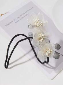 1pc New Flower Bun Maker For Women, Handmade Ivory Flower Hair Accessory With Net And 3 Flower Decorations, Suitable For Elegant Hairstyles Hair Ties Ponytail Holders Hair Elastics Hair Rubber Bands Scrunchies Hair Rope Elastic Hair Tie