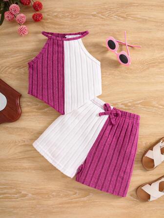 2 件套少女夏季设计针织罗纹拼布吊带背心和短裤套装