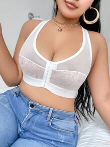 Plus Size Front Closure Comfortable Wireless Mesh Patchwork Camisole