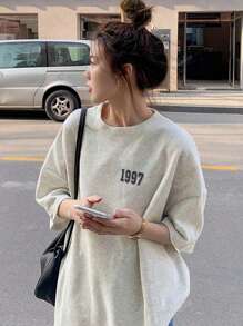Japanese Style Women Number & Letter Print Loose Crew Neck Casual Short Sleeve T-Shirt, Spring/Summer