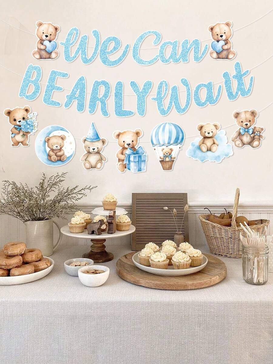 1Set Blue Little Bear Banner,Babyshower Decorative Hanging Banner,'We Can Bearly Wait' Backdrop Banner,Babyshower Decor,Gender Reveal Party Decorations,1st Birthday Party Background Decoration,Bridal Shower Favors,Holiday Party Supplies - Blue Bear - View 1
