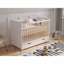 TOKYO Wooden Baby Cot Bed 120x60cm With Covered Drawer And Safety Wooden Barrier (White/Pine)