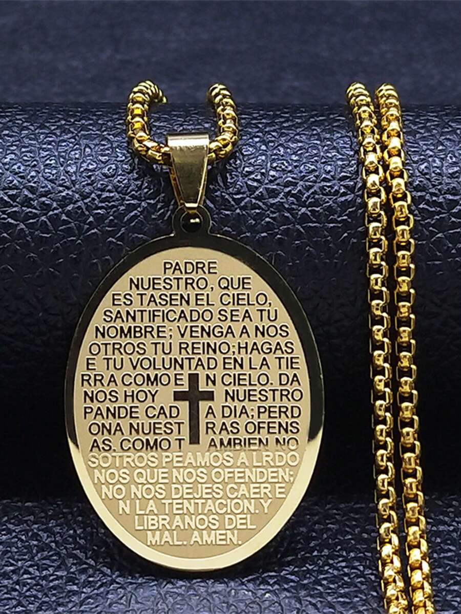 不锈钢十字架项链，配有圣经经文，男女通用，西班牙语文本 - 我们的天父，主祷文 - 項鍊 - 查看 1