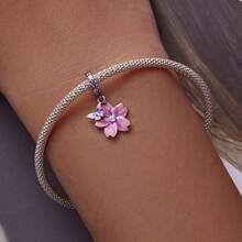 1 PC 925 Sterling Silver Pink Flowers Charms Elegant Sakura Bead Pendant Fit Bracelet Necklace DIY Making Party Fine Jewelry - Silver - View 4
