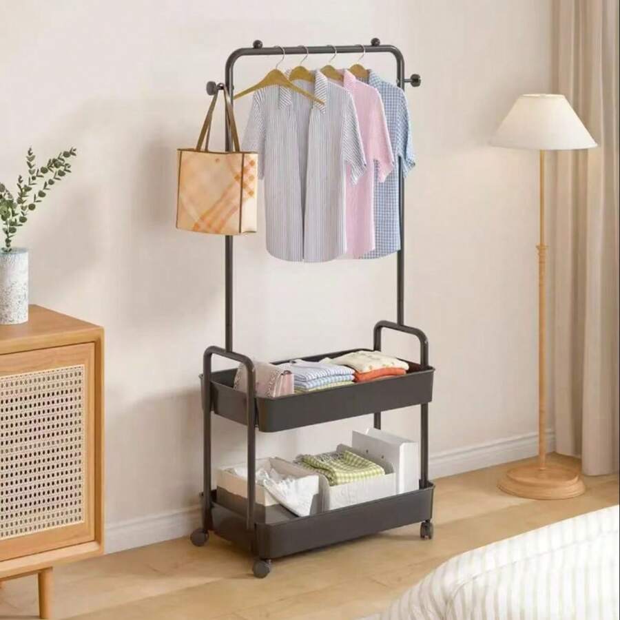 Perchero móvil de 2 niveles con ruedas, perchero independiente de metal, estantes de almacenamiento de plástico, organizador de ropa móvil para dormitorio, sala de estar, armario - Negro, multiusos, almacenamiento para dormitorio | Almacenamiento decorativo | Ruedas fácilmente móviles, Almacenamiento de perchas, Percha de ropa - Multicolor - Ver 1