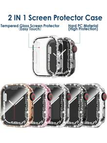 5pcs/Set Men Women Shiny Rhinestone Decor Fashionable Glamorous Anti-Fall 2 In 1 Ultra-Thin Tempered Glass Screen Protector Watch Case, Compatible With Apple Case 38/40/41/42/44/45/46/49Mm, Compatible With Apple Series Ultra/SE/10/9/8/7/6/5/4/3/2/1, Intelligent Watch Case Accessories