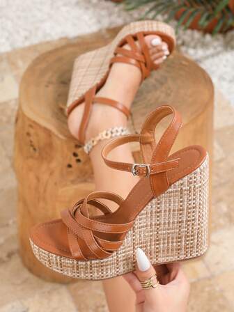 女士复古扣饰高跟厚底草编坡跟凉鞋，假日波西米亚风格