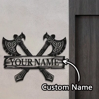 1Pc Customized Viking Culture Metal Wall Label - Personalized Nameplate, Black Iron Art Decoration, Suitable For Home And Outdoor Use, Nordic Home Decoration, Very Suitable For Room Decoration,Customized Style Metal Wall Label