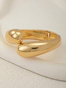 1 Pc Luxe Dome Cuff Bracelet , Faux Pearl Decor Chunky Metal Bangles Set , Hinged Design Metal Cuffs Bangles Jewelry For Daily Wear , Golden Color Metal Bracelets - Gold - View 4