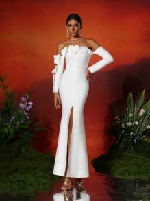 Love Aing LOVE Aing Women's Handmade 3D Floral Strapless Long Sleeve Split Hem Sexy Bandage Cocktail Dress, Elegant For Prom, Semi-Formal Wedding Guest Attire, Suitable For Birthday, Graduation, Banquet, Homecoming