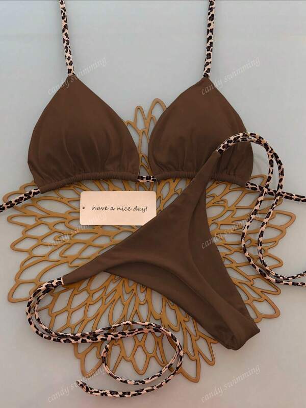 2-Piece Minimalist Sexy Halter Tie Women Leopard Print Bikini Swimsuit