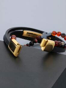 1pc Retro Multi-Layer Leather Rope Bracelet With Cross Beads, Braided Wristband For Men, Daily Wear - Gold - View 5