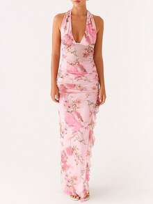 女士时尚迷人深 V 领网眼撞色花卉印花露背高开叉荷叶边下摆夏季碎花连衣裙，适合度假、旅行、约会和浪漫 - 淺粉色 - 查看 1