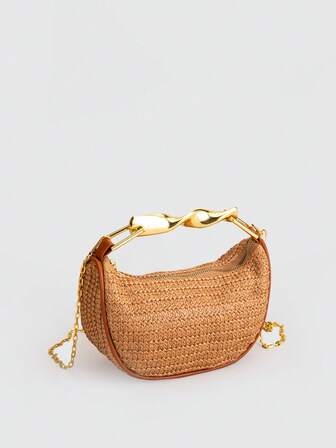 Khaki Straw Material Clashing Brown Bag Edge Design Metal Spiral Hardware Bracelet Metal Chain Zipper Closure Fashion Holiday Style Dumpling Bag Quiet Luxury Style Ladies Handbag Slant Shoulder Bag Inside Can Put Down The Mobile Phone Card Bag, Etc., Suitable For Daily Outing Holiday Seaside And Other Use, Vacation Essentials, Perfect For Summer, Vacation & Beach