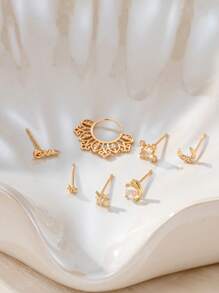 7pcs/Set Elegant Mini Cubic Zirconia Snail, Seahorse, Star & Moon Stud Earrings Set, Suitable For Women Vacation, Party & Daily Wear