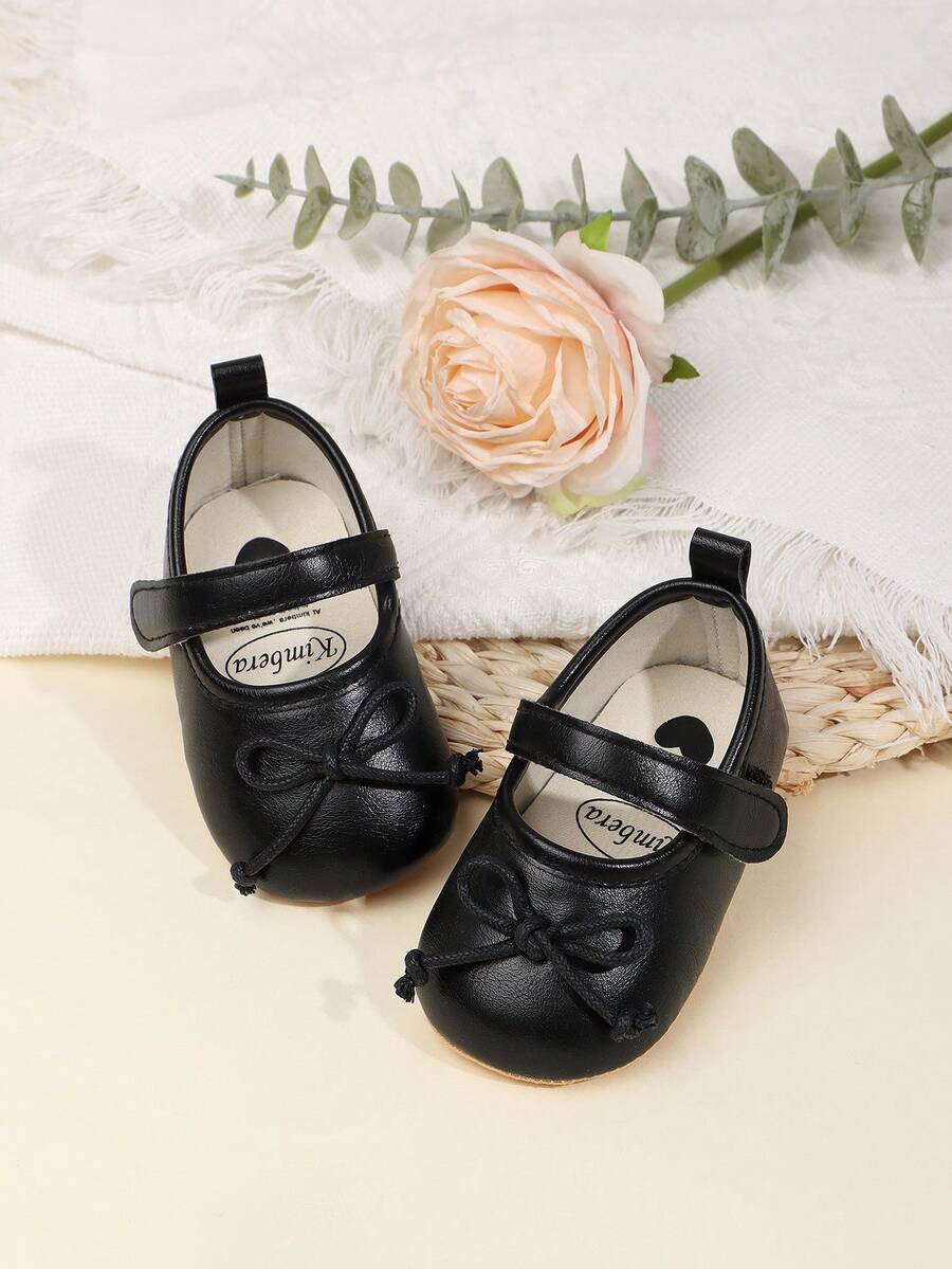 1 双女童纯色蝴蝶钩环设计软底防滑透气婴儿学步鞋，0-15 个月，甜美优雅，适合春秋季 - 黑色 - 查看 1