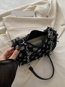 装饰纽扣细节拼布链条肩带单肩包，女士时尚流浪包，适合购物、约会、送给女孩、大学生、工作、通勤的礼物 - 黑色 - 查看 11