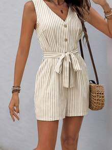Women's Summer Shorts Jumpsuit Stripe Print Sleeveless V-Neck Rompers With Belt And Pockets - 卡其色 - 查看 3