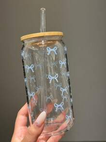 1 Pc Glass Cup Pink Bow 550ml ,Coffee Cup With Sealed Bamboo Lid And Straw, Christmas,Summer, Halloween,Suitable For Office And School, For Coffee, Tea, Beer, Juice, Hot And Cold Drinks, Smoothies, Etc,Reusable, Thermal Insulation, Used For Parties, Gatherings, Festivals, Thanksgiving,Teachers' Day, Holiday Gifts, A Gift For Mom, Lovers, Boyfriends And Girlfriends,Best Friend, Bride.