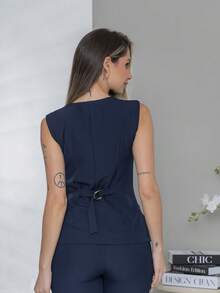 Plain Elegant Vest And Dress Pants Set C3302 - Azul Marino - Ver 6